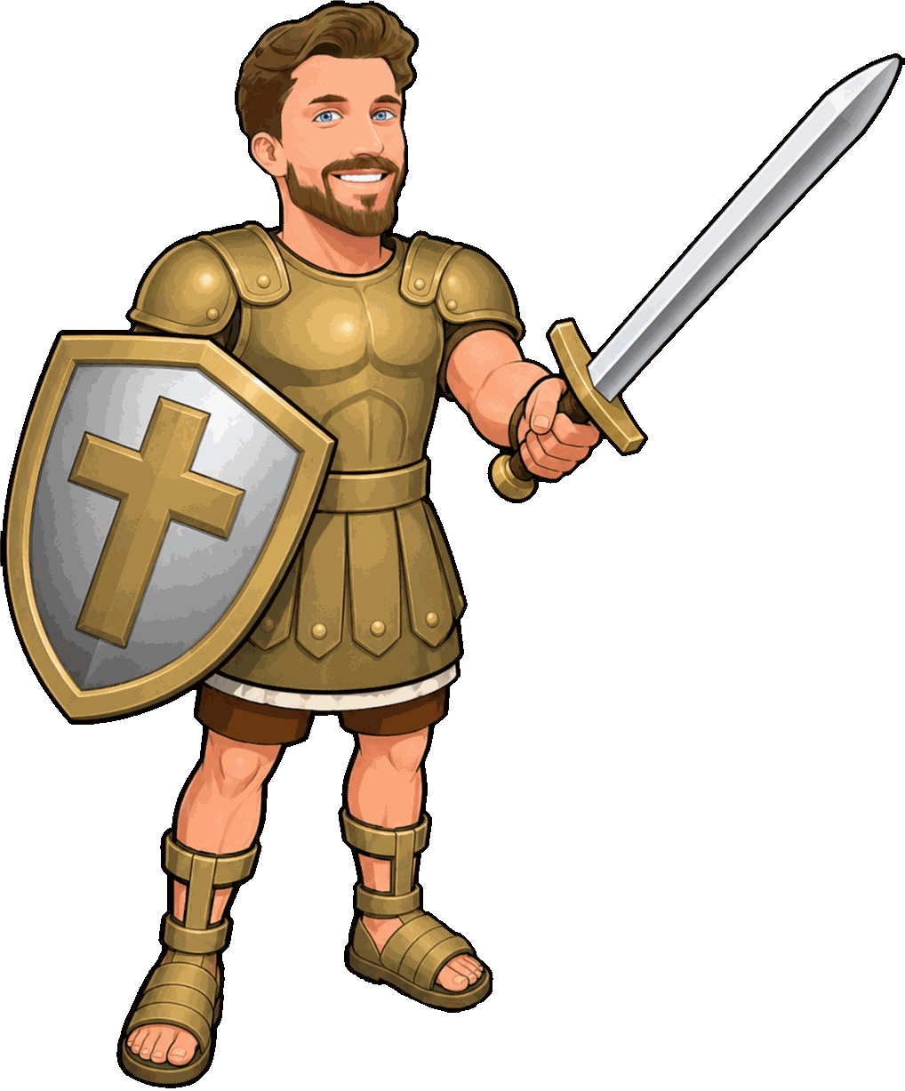Adam, a smiling young man in golden armour, holding a raised sword and a shield bearing a cross.