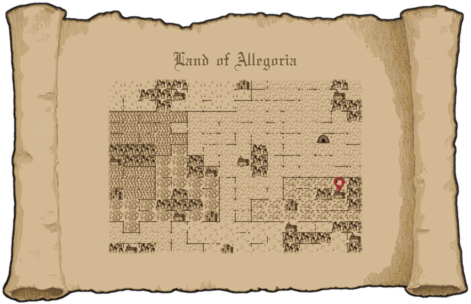 A parchment scroll map titled Land of Allegoria, its towns, roads, forests and hills drawn in brown ink, with a red marker pinning Adam's position toward the east.
