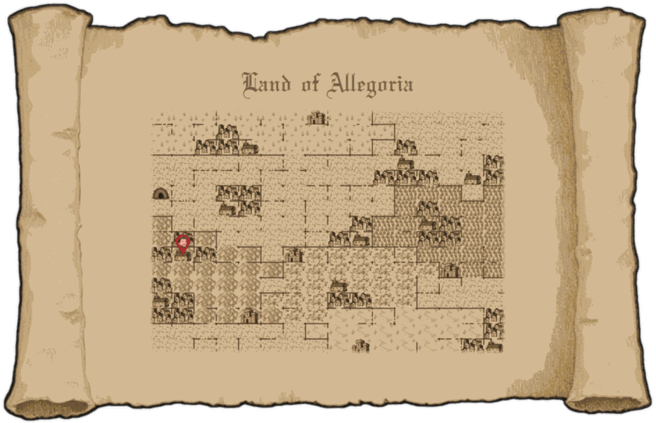 A second generated world on the same parchment scroll, its regions and settlements laid out completely differently, with Adam's marker on the western edge.