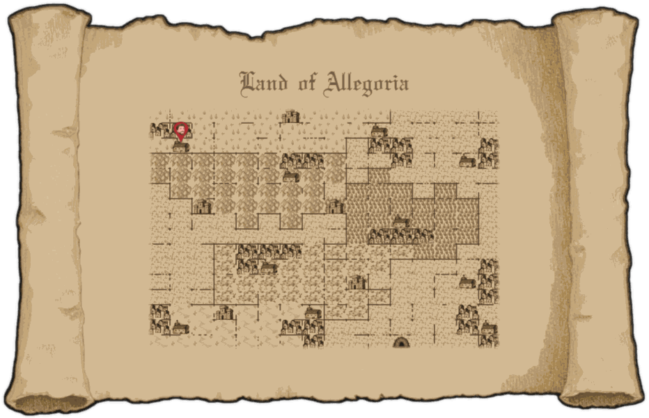 A third generated world on the same parchment scroll, again with an entirely different arrangement of towns, roads and wilderness.